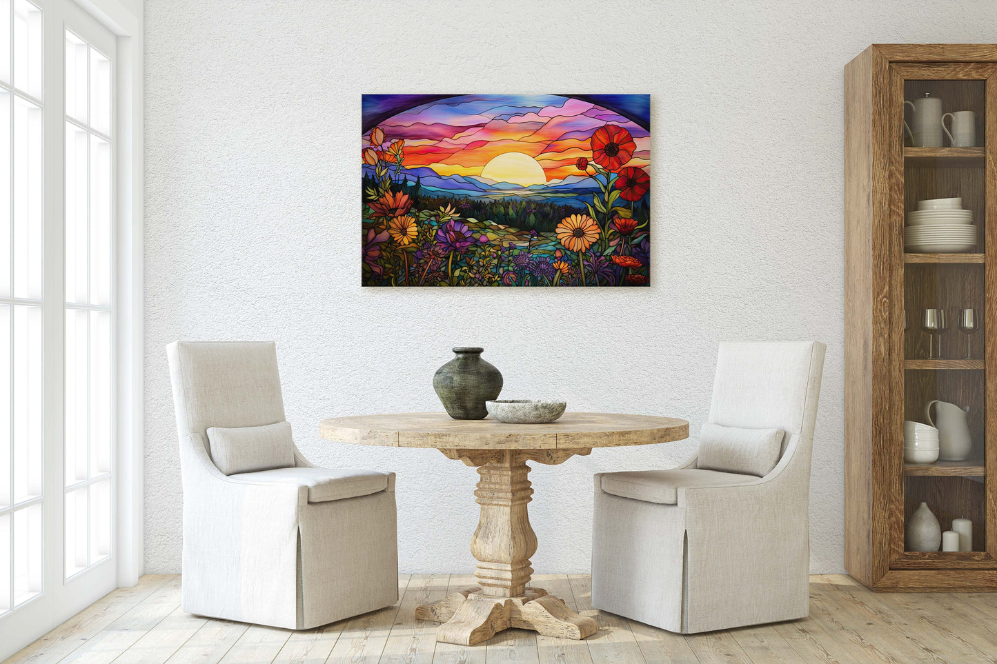 Sunset Painting, Faux Stained Glass, Colorful Vibrant, Sunrise Art, Flower Field. Mountain Decor, Framed Canvas