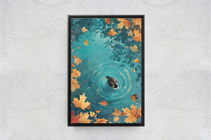 Mallard Duck Fall, Duck in Lake, Framed Canvas, Fall Season, Large Art print, Vertical Print, Leaves in Lake, Tranquil Decor
