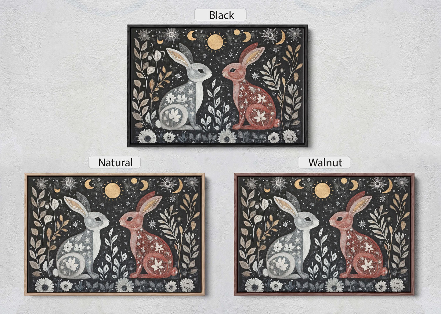 Rabbit Folk Art, Celestial Art, Bunny Art, Nature print, Canvas print