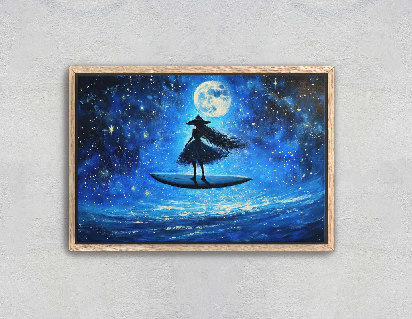Surfing Witch, Flywing Witch, Halloween Art,  Full Moon, Blue Ocean, Whimsical Art, Fun Halloween, Whimsy