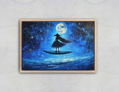 Surfing Witch, Flywing Witch, Halloween Art,  Full Moon, Blue Ocean, Whimsical Art, Fun Halloween, Whimsy