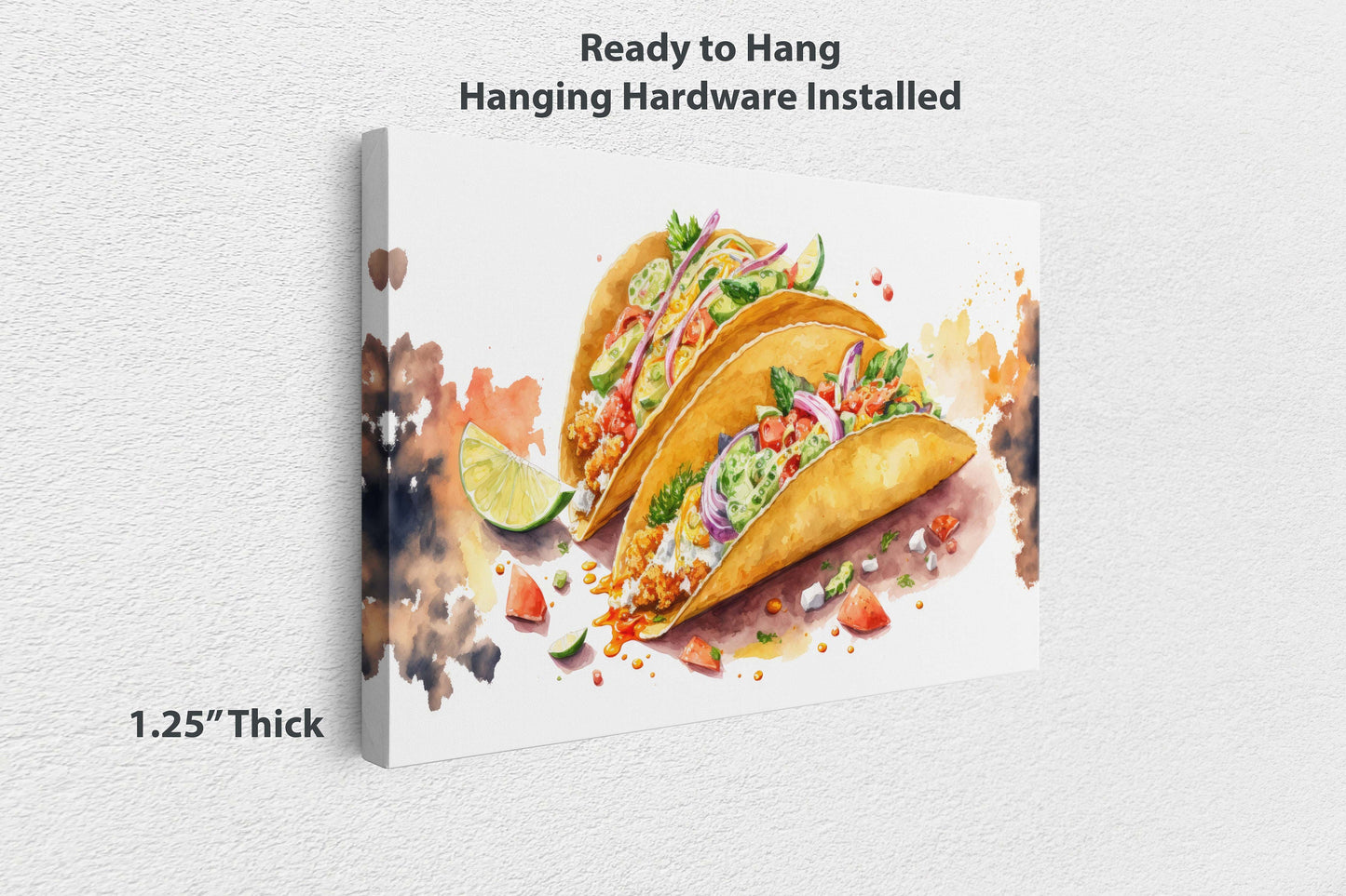 Watercolor Taco Canvas Art Ready To Hang Large Print, Oil Painting, Colorful, Water Color, Mexican food, Kitchen