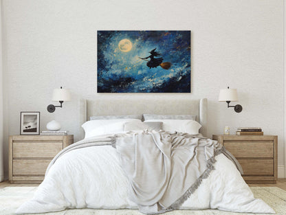 Flying Witch, Witch on Broomstick, Whimsical Decor, Full Moon,Halloween Art, Star Sky, Cloudy