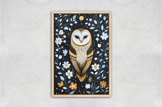 Barn Owl, Folk Art, Celestial Art,  Framed Canvas, Nature Print, Whimsical, Cottagecore