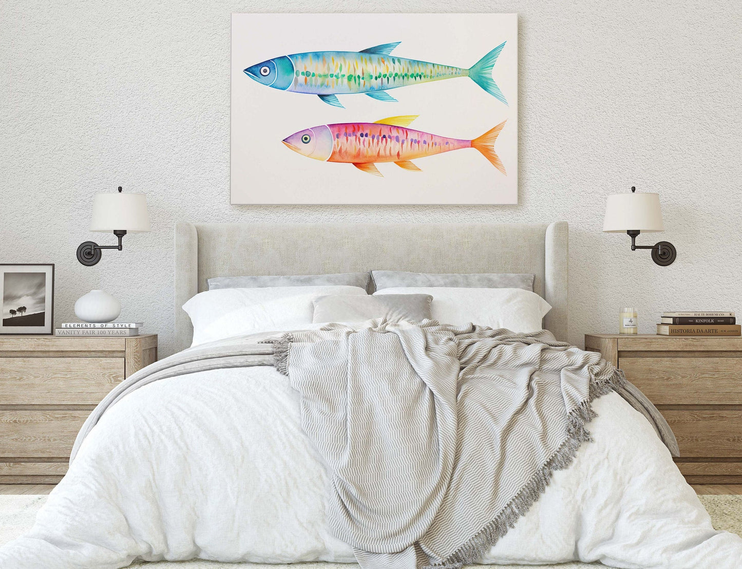Watercolor Sardine, Fish Painting, Vibrant Color, Kitchen Print, Dining Room, Clean Minimal, Abstract, Framed Canvas