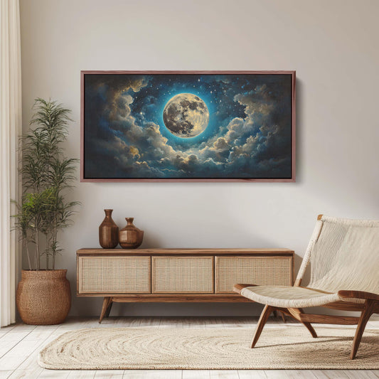 Full Moon Vintage ,Cloudy Moon Sky, Moon Painting, Moon and Stars