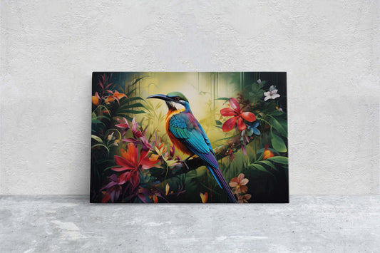 Jungle Bird Painting, Jungle Art, Green Jungle, Framed Canvas, Large Print, Beautiful Bird, Flower Jungle, Tropical Forest, Rainforest Art