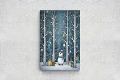 Snowman Presents Forest, Illustration Style, Snowy Forest, Snow Presents, Framed Canvas, Christmas Decor, Large Print, Winter Decor
