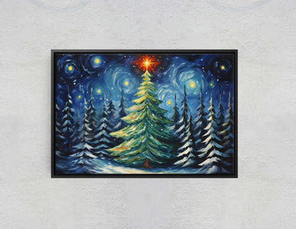 Starry Christmas Tree, Starry Night, Christmas Painting, Xmas Decor, Framed Canvas, Large Painting, Festive Print, Winter Art