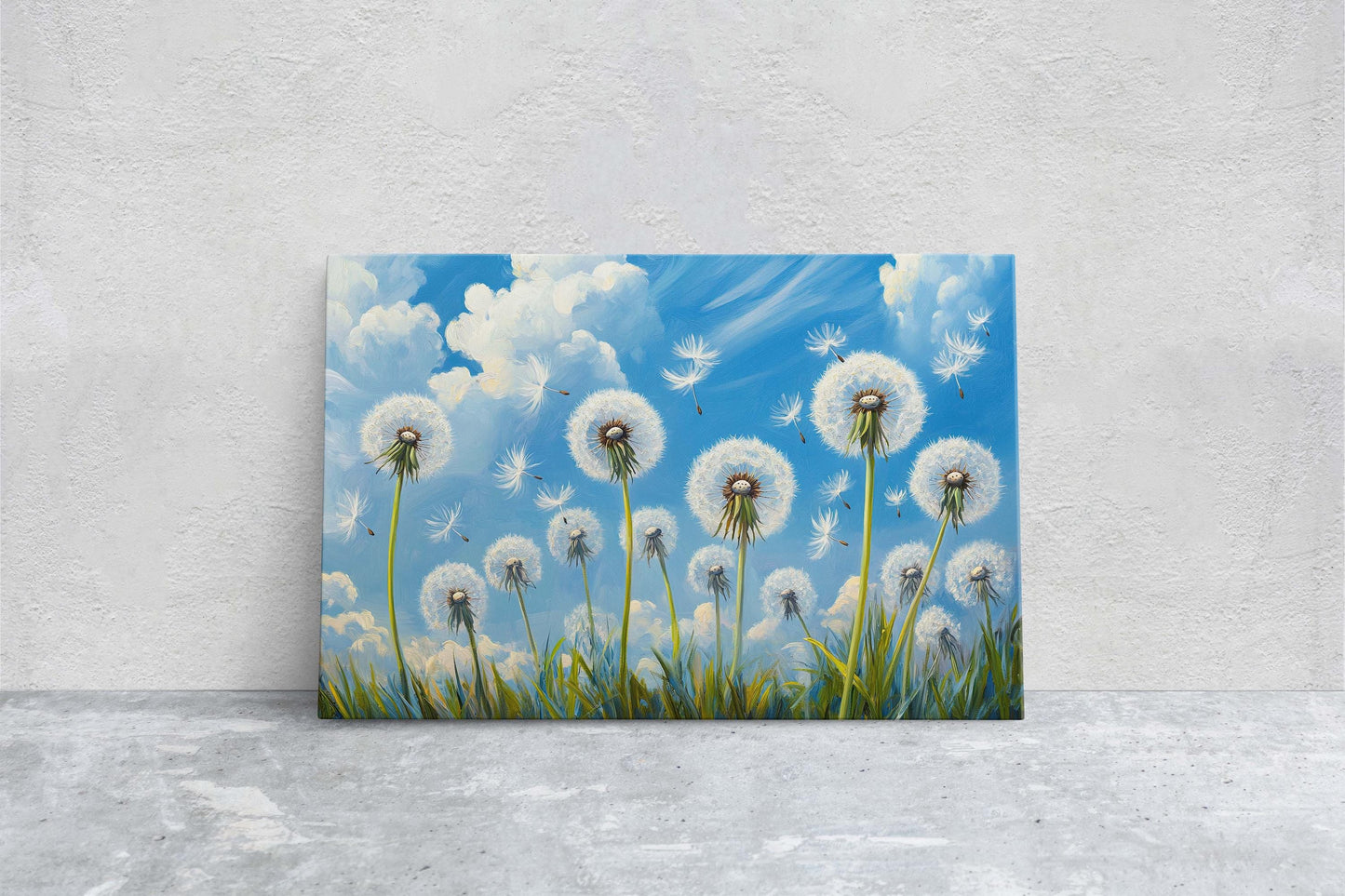 Dandelions Painting, Blue Sky Art, Close up Flowers, Wildflowers Art