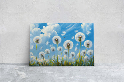Dandelions Painting, Blue Sky Art, Close up Flowers, Wildflowers Art