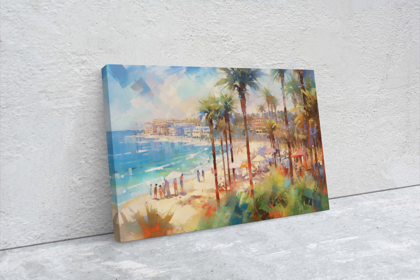 Watercolor Beach on Canvas, Beach Town, Ocean Resort, Tropical Vacation, Beach front, Water Sunset, Palm Trees, Blue Water