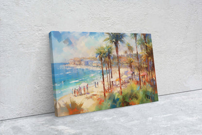 Watercolor Beach on Canvas, Beach Town, Ocean Resort, Tropical Vacation, Beach front, Water Sunset, Palm Trees, Blue Water
