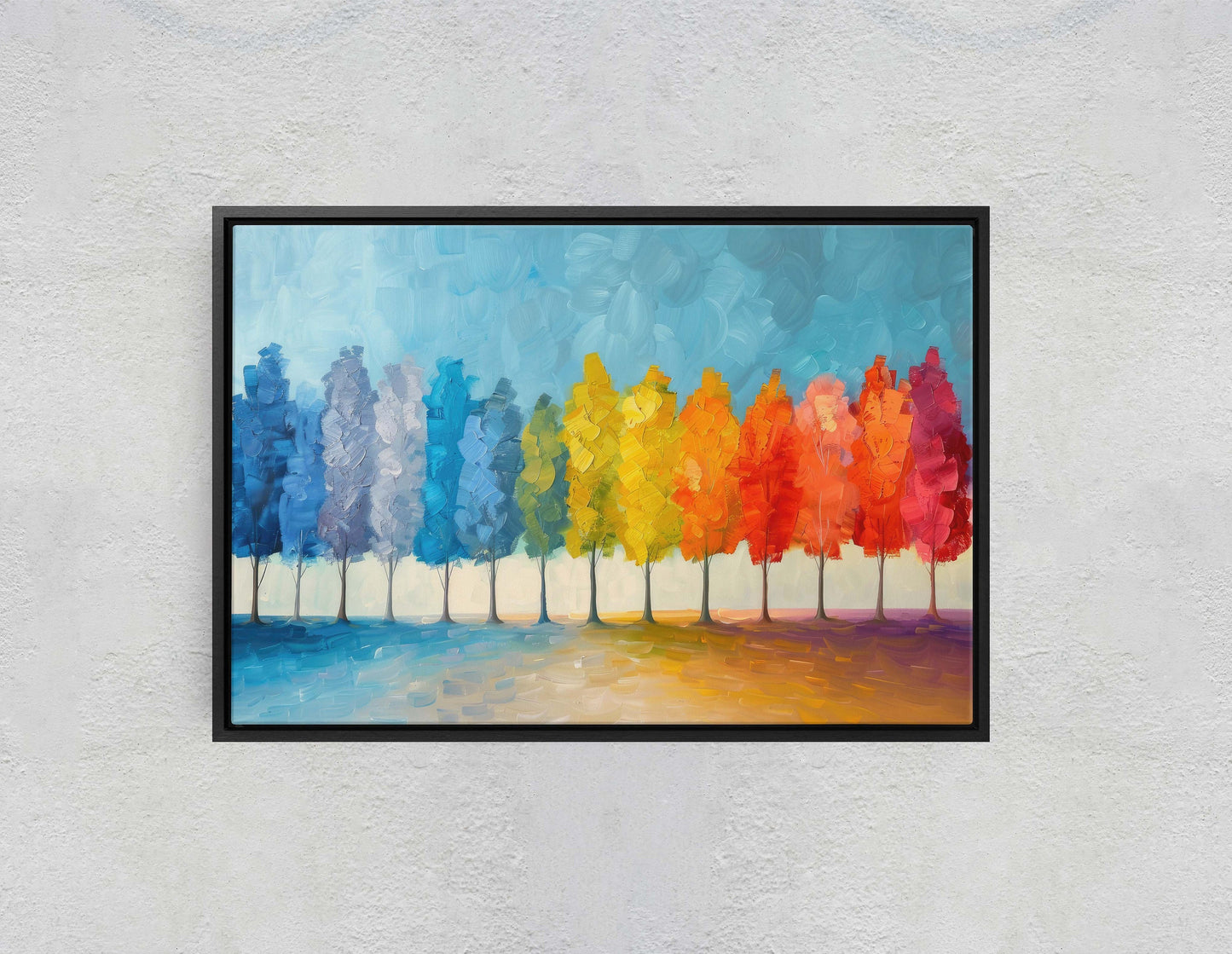 Pastel Trees, Seasons Painting, Rainbow Tree, Spring Summer, Fall Winter, Blue Tones, Colorful Vivid, Framed Canvas, Large Art Print