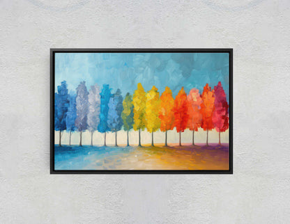 Pastel Trees, Seasons Painting, Rainbow Tree, Spring Summer, Fall Winter, Blue Tones, Colorful Vivid, Framed Canvas, Large Art Print