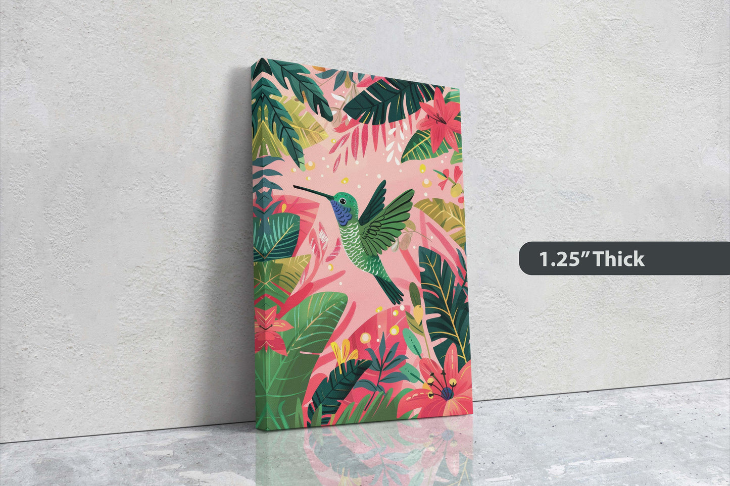 Hummingbird Illustration, Framed Canvas, Tropical Art, Maximalist Jungle, Botanical Print, Bold Eclectic, Pink Art