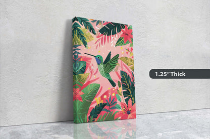 Hummingbird Illustration, Framed Canvas, Tropical Art, Maximalist Jungle, Botanical Print, Bold Eclectic, Pink Art