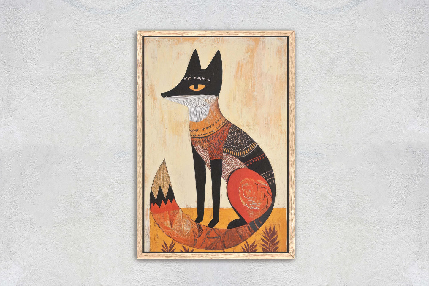 Scandinavian Fox, Folk Art, Celestial Art,  Framed Canvas, Nature Print, Whimsical, Egyptian, Abstract