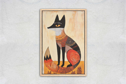 Scandinavian Fox, Folk Art, Celestial Art,  Framed Canvas, Nature Print, Whimsical, Egyptian, Abstract