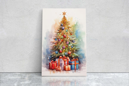 Christmas Tree Art, Christmas Decor, x-mas watercolor, Tree and Ornaments, Framed Canvas Print, Holiday Decor, Winter wall art