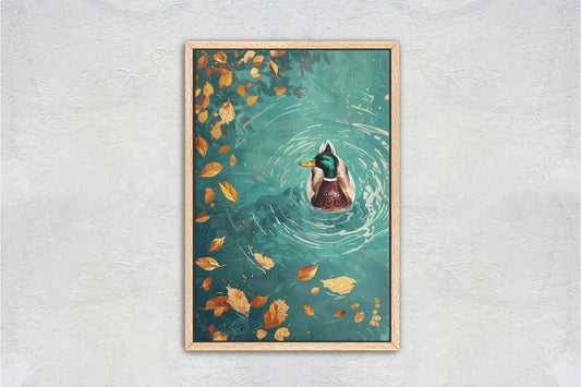 Mallard Duck Fall, Duck in Lake, Framed Canvas, Fall Season, Large Art print, Vertical Print, Leaves in Lake, Tranquil Decor