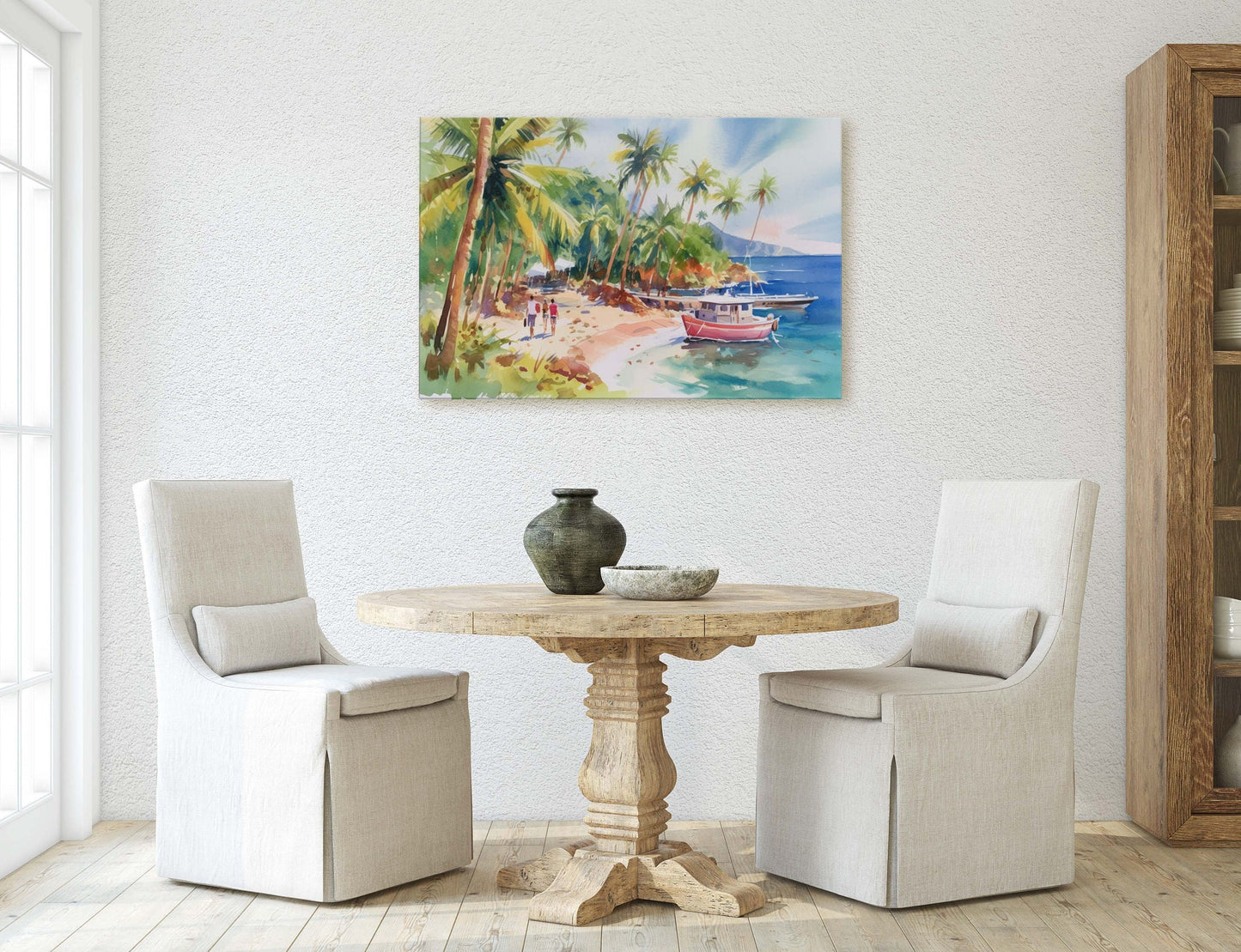 Beachside on Canvas, Ocean Beach, Watercolor, Hawaii Landscape, Tropical Water, Framed Canvas