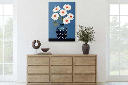 Flower Vase Painting, Contemporary Blue, White Floral Art, Framed Canvas, Large Art Print, Vertical Portrait, Indigo and White, Modern