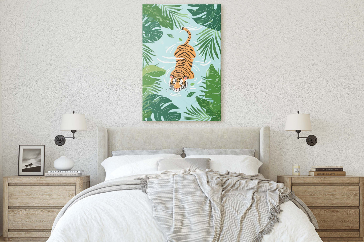 Tiger Swimming, Tropical Wall Art, Framed Canvas, Big Cat Art, Jungle Decor, Rainforest Art