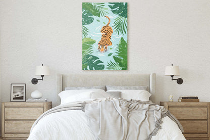 Tiger Swimming, Tropical Wall Art, Framed Canvas, Big Cat Art, Jungle Decor, Rainforest Art