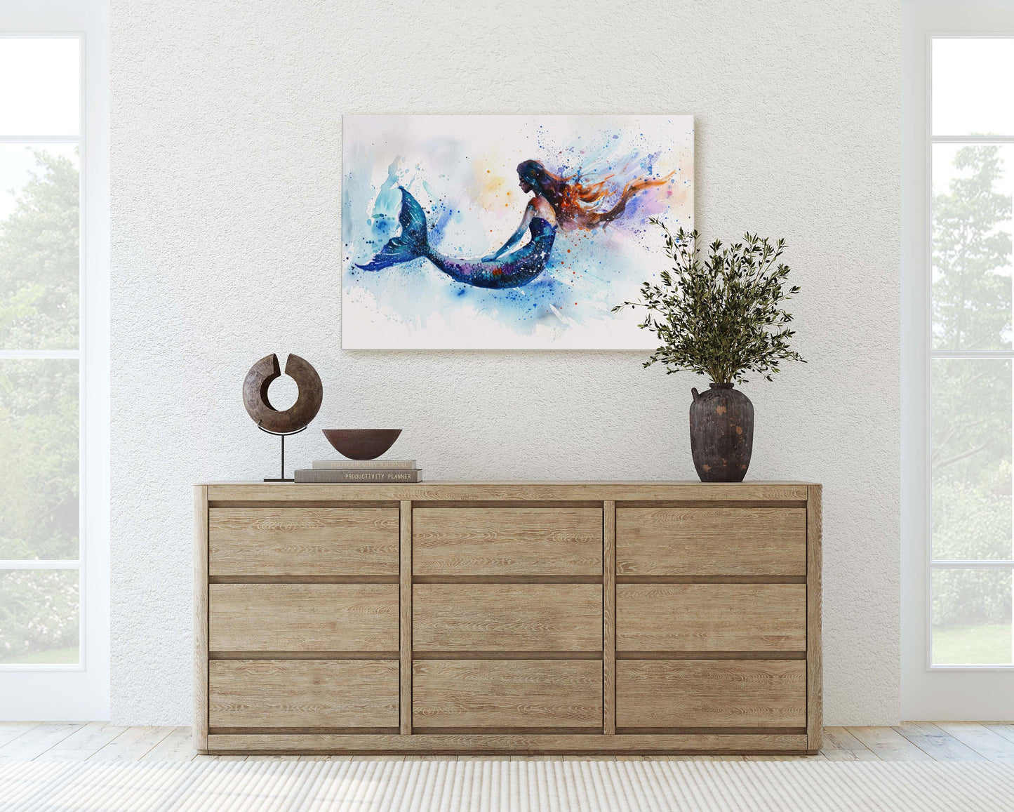 Watercolor Mermaid, Fantasy Creature, Ocean Art, White and Blue, Bathroom Decor, Framed Canvas, Large Art Print, Mystical, Impressionism
