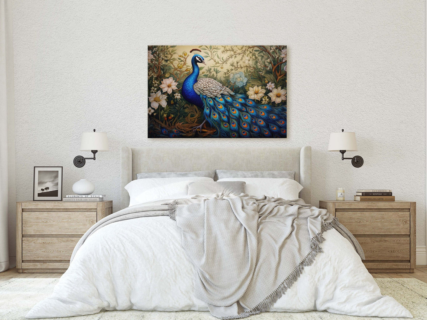 Peacock Painting, White Flowers, Oriental Decor, Traditional Decor, Framed Canvas, Bird Print