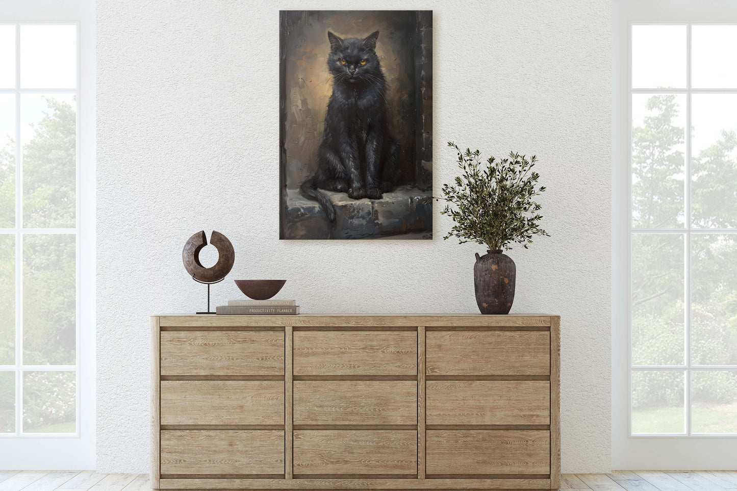 Ominous Cat, Black Cat Stare, Halloween Decor, Gothic Art, Framed Canvas, Extra Large print