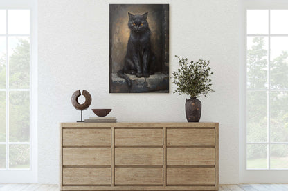 Ominous Cat, Black Cat Stare, Halloween Decor, Gothic Art, Framed Canvas, Extra Large print