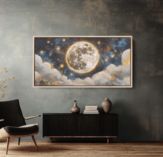 Full Moon Vintage ,Cloudy Moon Sky, Moon Painting, Moon and Stars