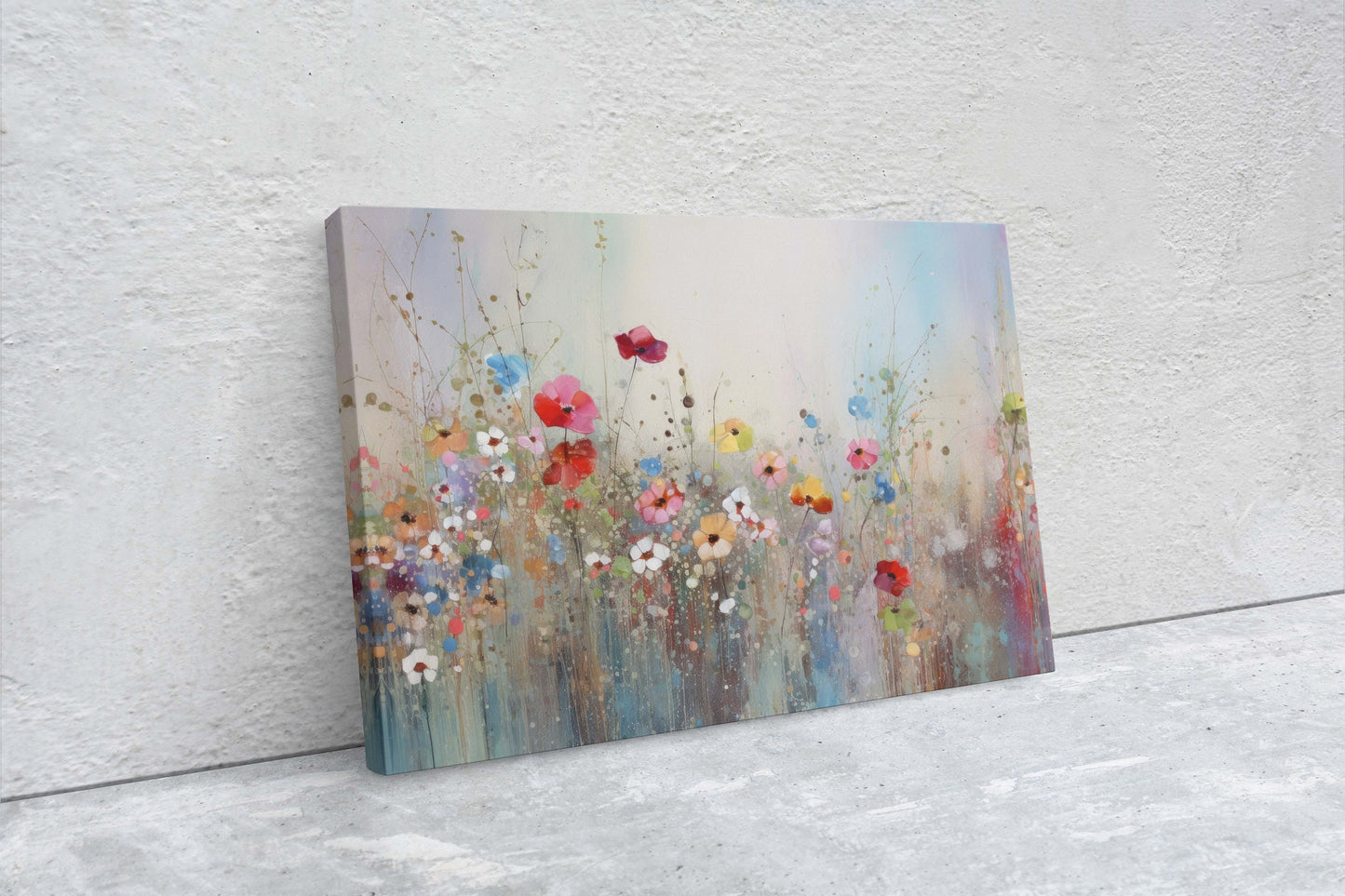 Wildflowers on Canvas, Flowers in Rain. Abstract Wall Art, Framed Canvas, Watercolor flowers,  Floral Print, Classic, Rustic Farmhouse