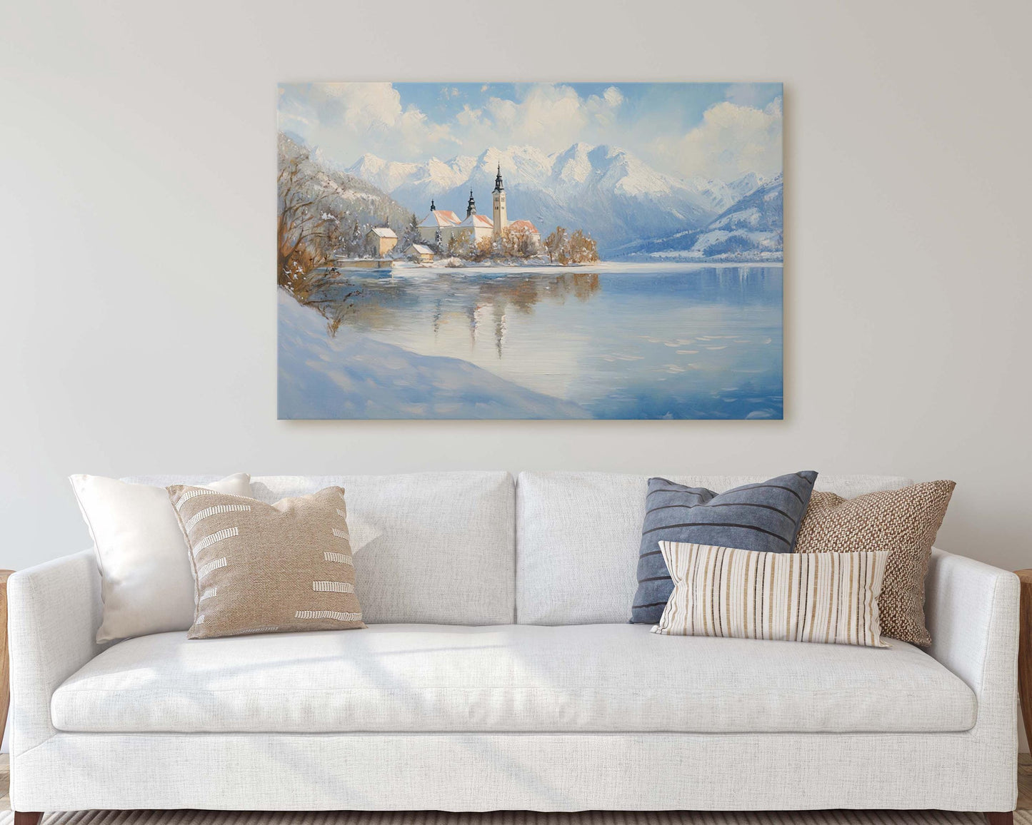 Lake Bled Painting, Slovenia Art, Scenic Art, Winter Lake