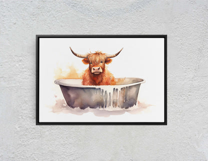 Highland Cow on Canvas, Cow Bathtub, Bathroom Decor, Scottish Cow, Bovine Art, Powder Room, Barn Style, Fun Art, Farm Print, Oversized Art
