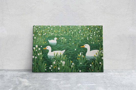 Ducks on Pond, Green Pond, Simple Minimal, Framed Canvas, Green and White, Emerald Green, Large Art Print, Mallard Duck, Lake, Marsh