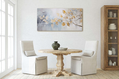 Golden Branches Leaves, Canvas print, Neutral Tones, Floral Art Painting, Contemporary Canvas,   Neutral Color, Gray and Gold, Blue Tones