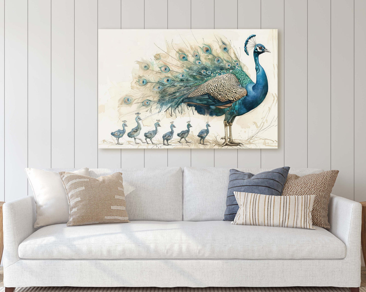 Peacock Family, Peacock Painting, Bird Family, Mom and Kids, Children Babies, Large Art Print, Framed Canvas, Dad Child