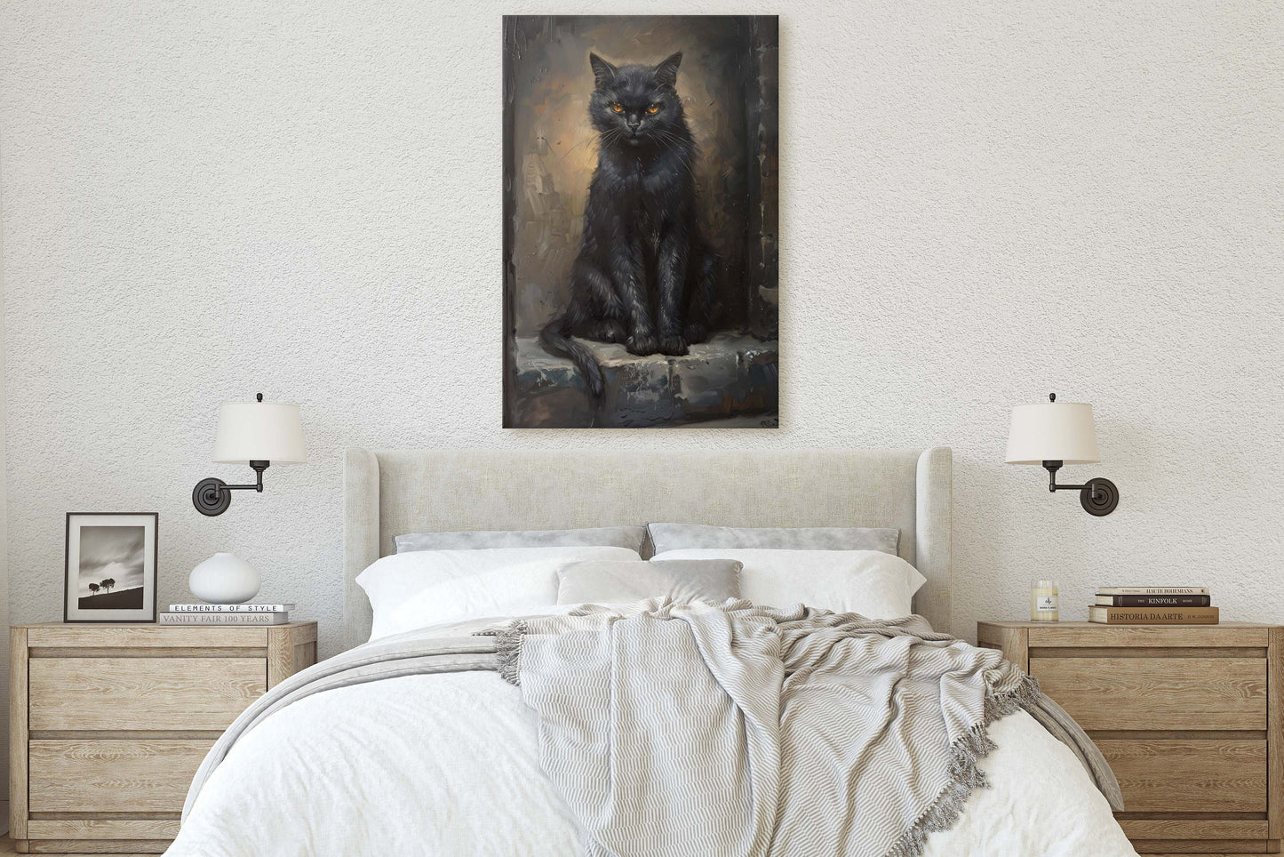 Ominous Cat, Black Cat Stare, Halloween Decor, Gothic Art, Framed Canvas, Extra Large print