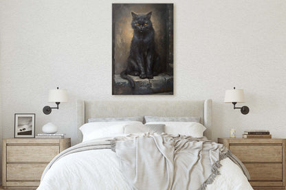 Ominous Cat, Black Cat Stare, Halloween Decor, Gothic Art, Framed Canvas, Extra Large print