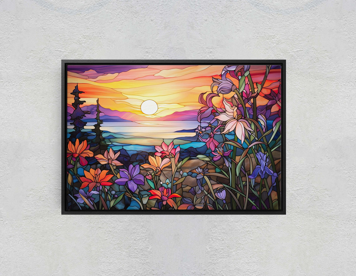 Stained Glass Painting, Faux Stained Glass, Sunset Flowers, Sunrise Field, Mountain Landscape, Framed Canvas, Vivid Colorful