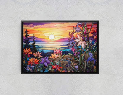 Stained Glass Painting, Faux Stained Glass, Sunset Flowers, Sunrise Field, Mountain Landscape, Framed Canvas, Vivid Colorful