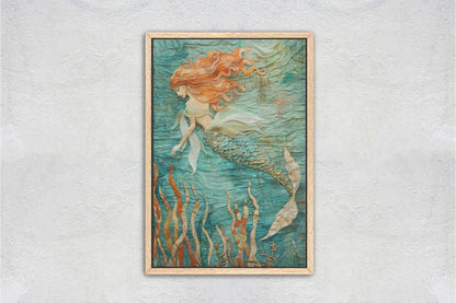 Mermaid in Garden, Nautical Artwork, Ocean Decor, Mythical Creature, Fantasy Decor, Faux Fabric, Framed Canvas, Extra Large Print