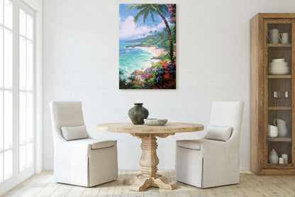 Flower Beach on Canvas, Coastal Painting, Palm Tree, Tropical Island, Framed Canvas, Palm Coast, Green Water, Blue Water
