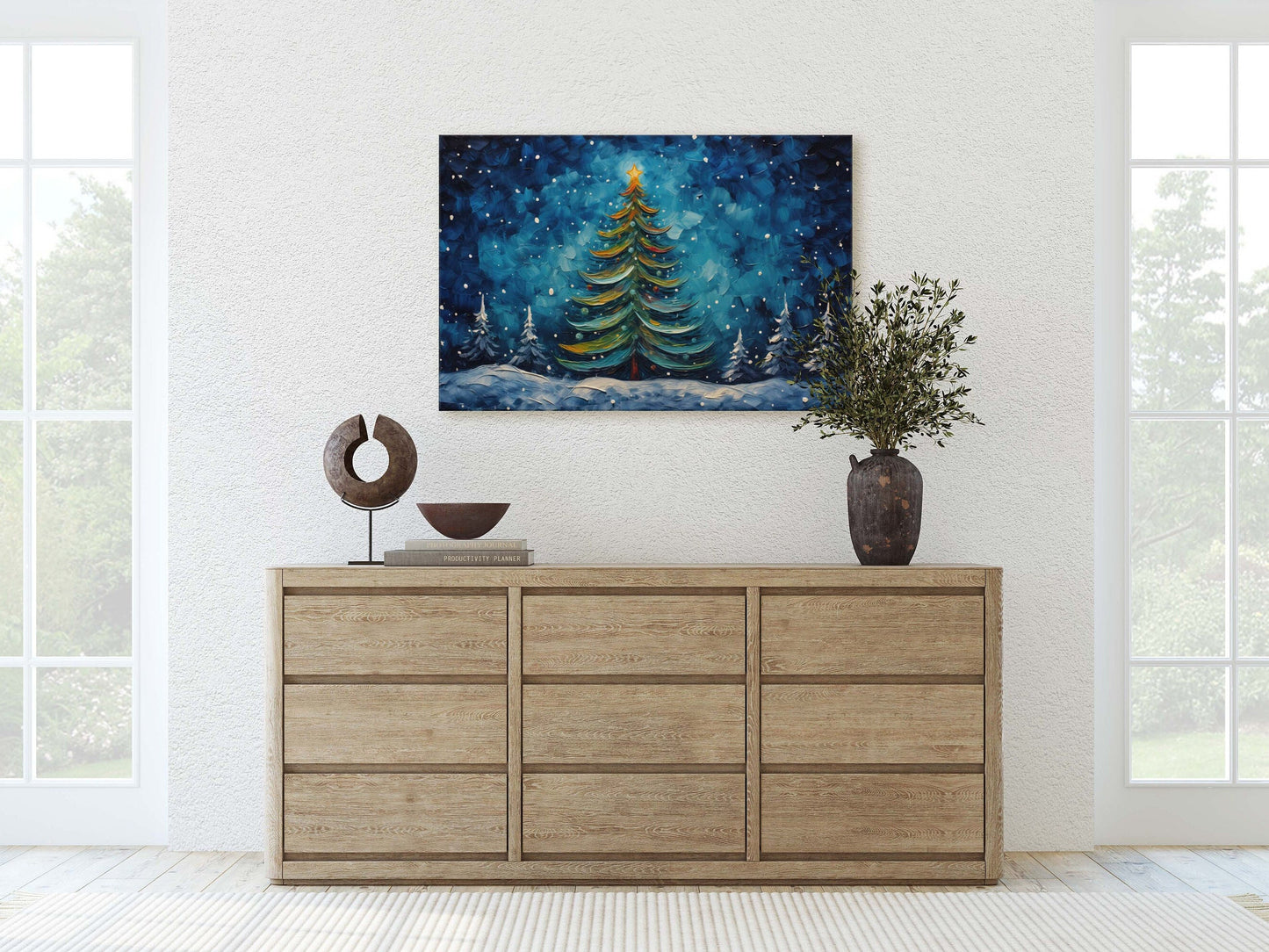 Starry Christmas Tree, Starry Night, Christmas Painting, Xmas Decor, Framed Canvas, Large Painting, Festive Print, Winter Art