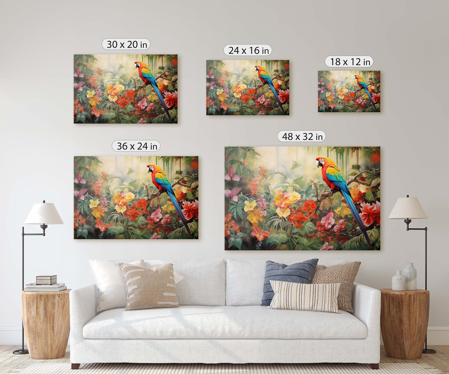 Jungle Bird Painting, Jungle Art, Green Jungle, Framed Canvas, Large Print, Beautiful Bird, Flower Jungle, Tropical Forest, Rainforest Art