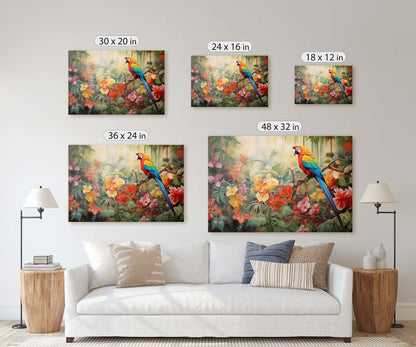 Jungle Bird Painting, Jungle Art, Green Jungle, Framed Canvas, Large Print, Beautiful Bird, Flower Jungle, Tropical Forest, Rainforest Art