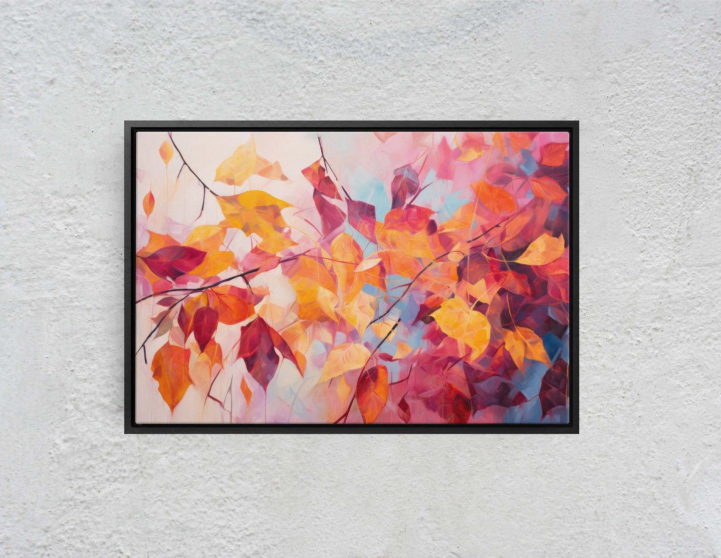 Abstract Leaf Print, Fall Leaves, Autumn,Red Orange Canvas, Fine Art, Modern Artwork, Contemporary Print, Framed Canvas